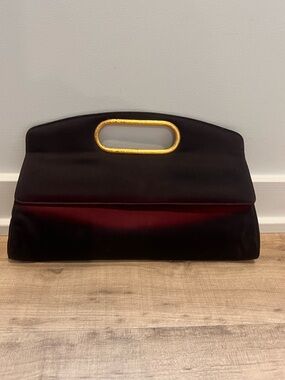 Vintage Prestige Elegant Black and Deep Red Satin Clutch with Gold Accent Handle